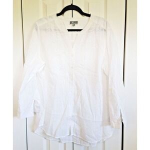 JM Collection L Women's 100% Cotton White Gauze Look Roll Tab Sleeves Size Large